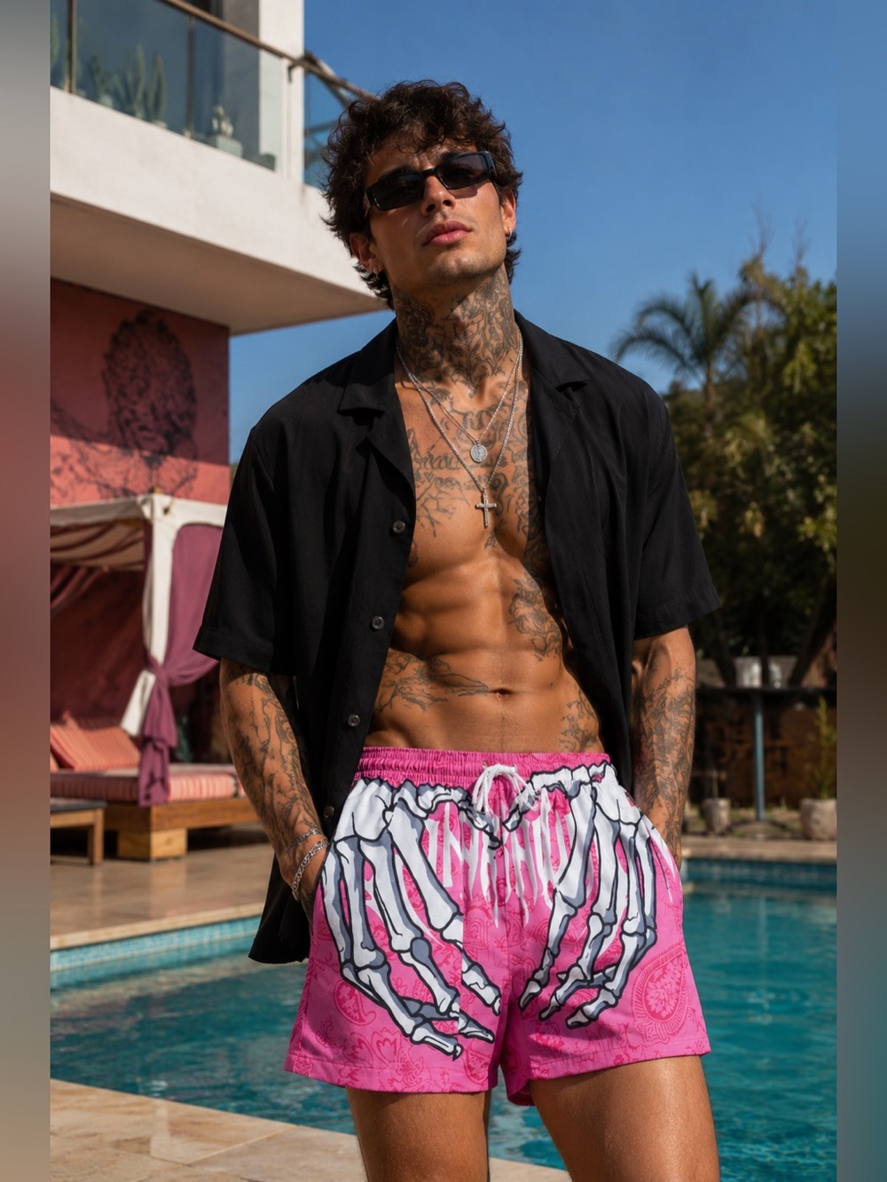 ROMWE Pink Swim Trunks with Skeleton Hands Print Lined Size Small